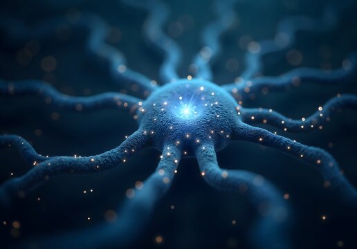 Stylized neural network with central nucleus, fibrous extensions, and glowing particles in blue.