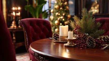 Elegant holiday table with festive decor and christmas tree in luxurious setting