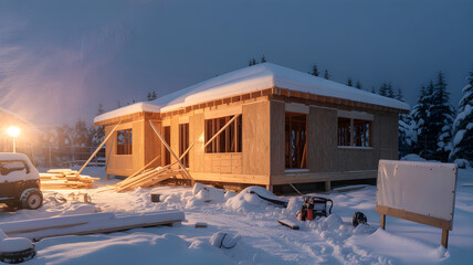 Building wooden frame house during winter snowfall at night