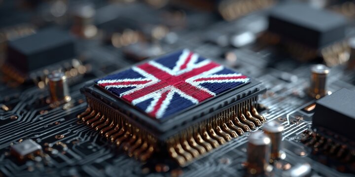 Microchip adorned with British flag design highlights technology and culture fusion in modern electronics