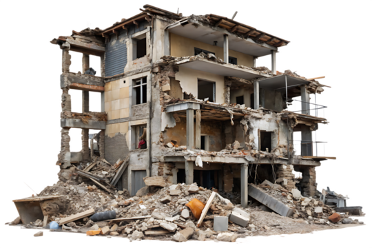 Ruined building debris rubble isolated on a transparent background