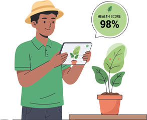 Student in horticulture tracking plant health via AR color overlays on leaves Illustration