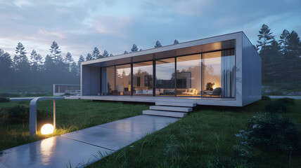Obraz premium Modern modular home illuminating the dusk in a forest setting