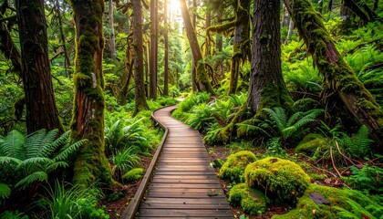 Obraz premium Forest path boardwalk curves through verdant, mossy woods with sunlight filtering through trees
