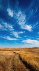 Fototapeta premium Open golden fields under a bright blue sky