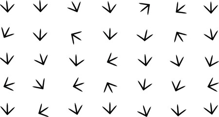 Seamless hand-drawn bird footprint pattern vector, black animal tracks on white background, simple wildlife texture design for fabric, wallpaper, and prints.