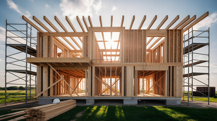 Obraz premium New home wooden frame construction with scaffolding at sunset