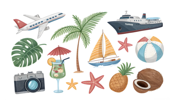 Travel and adventure icons with airplane, palm, ship, sunset, cafe, camping, coconut on transparent background
