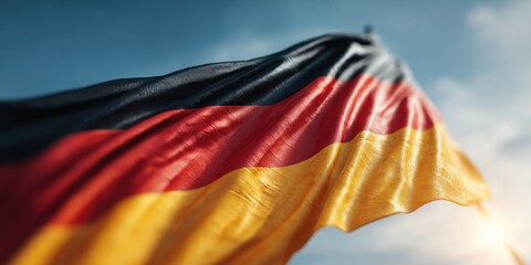 Waving German flag against clear blue sky during sunny day captures national pride and cultural identity