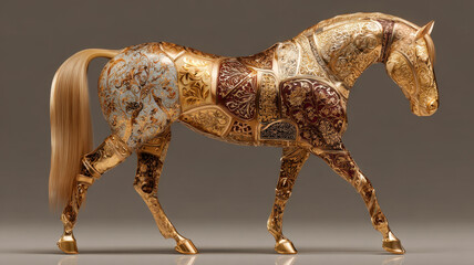 Decorative golden horse with metallic textures and artistic patterns on gray background, symbol of Chinese zodiac Year of the Horse 2026, representing power and fortune.