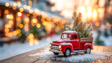 Miniature red truck carrying Christmas tree on snowy wooden surface, festive background with glowing bokeh lights, holiday decoration concept.