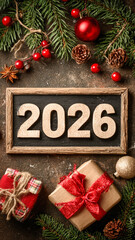Festive New Year 2026 composition with pine branches, ornaments and gift boxes on rustic wooden background, holiday branding and greeting card design.