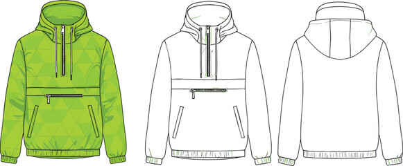 Vector technical flat sketch of modern hooded windbreaker jacket, front and back views, activewear design template for fashion, clothing line, or sportswear © Momotaj Contributor