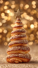 Pastry Christmas tree with star topper and powdered sugar, glowing golden festive background, holiday bakery art perfect for seasonal branding.