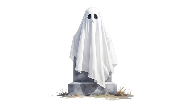 A spectral apparition draped in a white sheet hovers over a weathered gravestone, bathed in muted light.