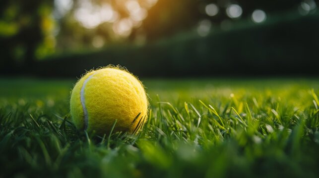Fuzzy yellow tennis ball resting on vibrant green grass in a natural outdoor setting
