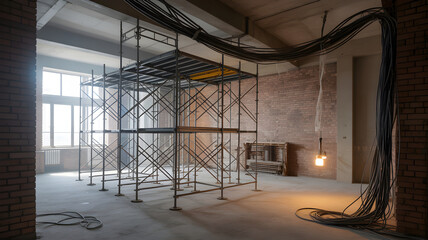 Scaffolding in empty industrial loft under renovation with cables and light bulb