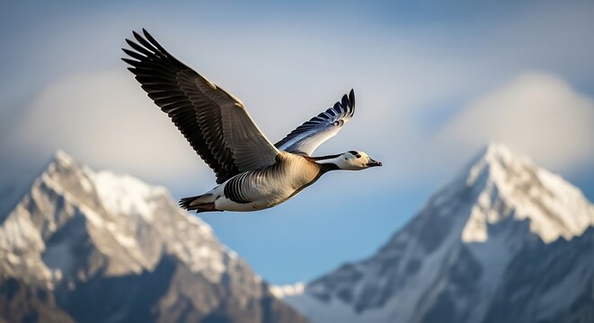 Majestic bar headed goose soars freely amidst the towering, snow capped mountain range in serene