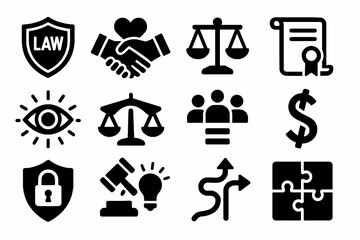 Business ethics icon set. Solid vector icons of compliance, loyalty, fairness, transparency, integrity, anti corruption and conduct. Corporate values pack.