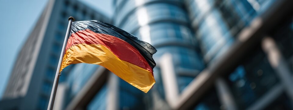 German flag waving in the foreground with modern building facades in the background on a clear day