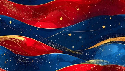 Abstract waves of deep blue and bright red, speckled with gold stars and shimmering trails