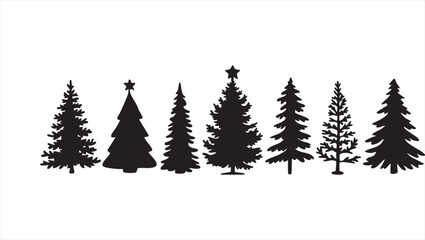 Fototapeta premium A line of various evergreen trees, including pine, fir, and spruce, silhouetted against a white background