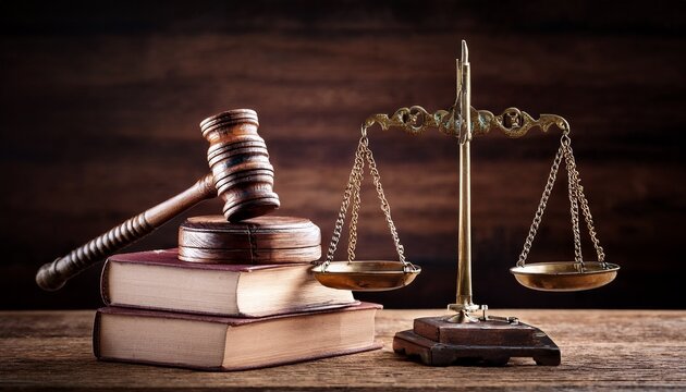 gavel scales of justice and old law books on wooden table
