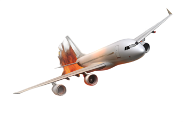 White airplane engulfed in flames isolated on a transparent background
