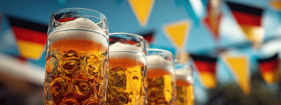 Festive German beer celebration during autumn with decorated outdoor setting and colorful flags