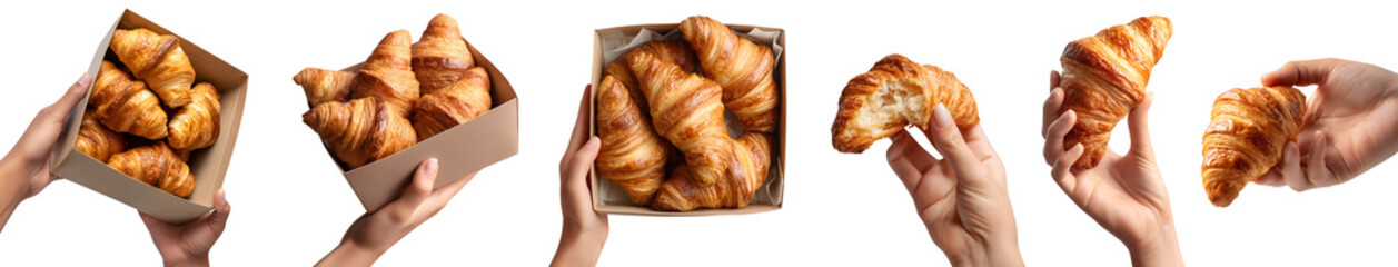 Set of hand holding Croissant bread, French flaky crescent pastry, takeaway carton paper box, pile bitten broken stack, isolated transparent cutout PNG. Many different style. Mockup for design