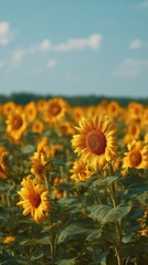 Bright sunflowers blooming in a vast field