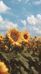 Sunflowers bloom under a bright blue sky