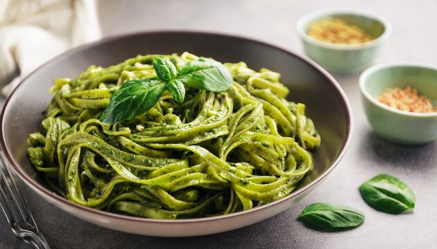 bowl of delicious green pasta with spinach and pesto sauce a culinary delight perfect for a healthy meal ready to savor