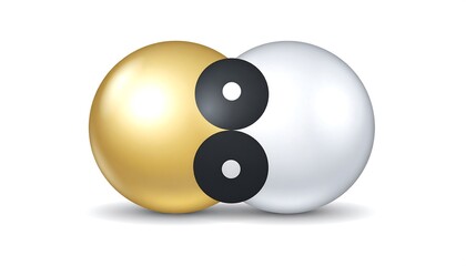 Two glossy spheres, gold and white, display the yin and yang symbol, a harmonious balance of opposing forces against a plain white background.