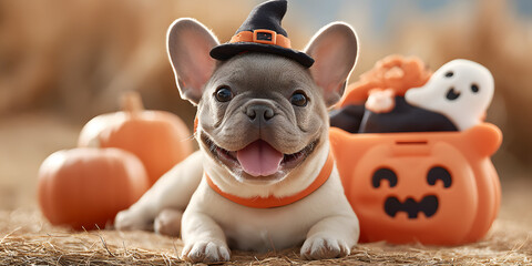 Spooky Pup's Halloween Cheer: A French Bulldog in a witch hat beams with infectious joy, flanked by festive pumpkins and a trick-or-treat bucket brimming with Halloween treats.
