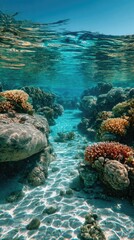 Clear water, vibrant coral reef scene