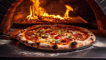 an artisanal pizza with toppings baking in a wood fired traditional brick oven radiating warmth from the flames