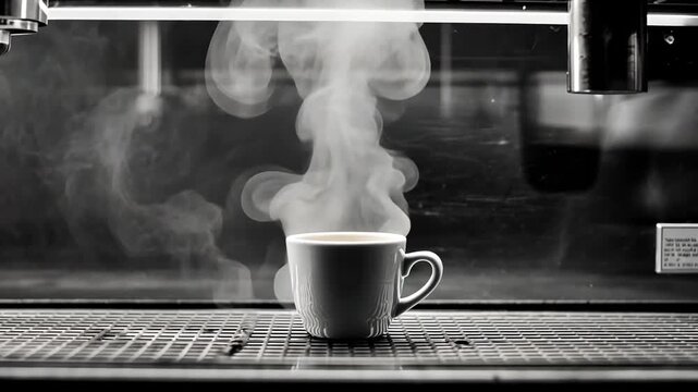 A steaming cup of coffee is served from a modern espresso machine.