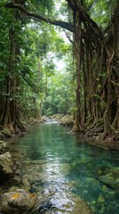 Calm river through a lush forest