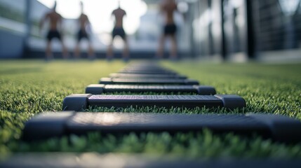 Dynamic close up of agility ladder on turf with athletes engaging in drills in the background