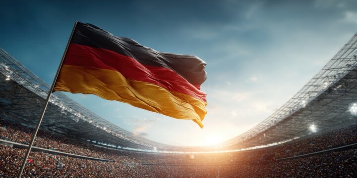 Germany's national flag waves proudly in a vibrant stadium during a major sporting event at sunset
