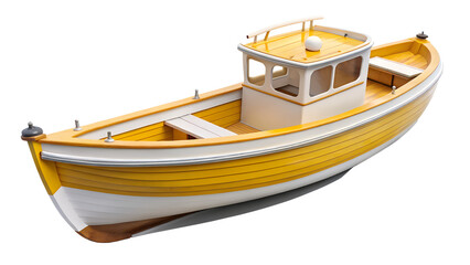 Naklejka premium A small yellow wooden fishing boat with a white cabin, isolated on a transparent background