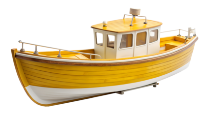 A detailed yellow and white wooden fishing boat model isolated on transparent background