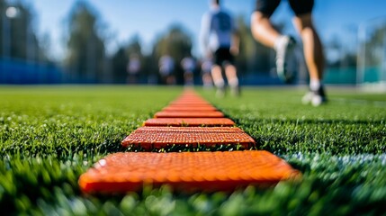 Dynamic agility ladder drills on artificial turf with athletes in the background for training focus