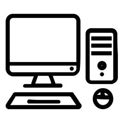 Monochrome line art icon of a desktop computer workstation with monitor, tower, keyboard, and mouse for business or technology concepts