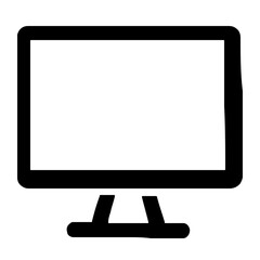 A simple black line art icon of a desktop computer monitor with a stand, depicted in a hand-drawn vector style for web or graphic design projects at home