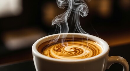 Close-Up of Steamy Espresso Shot with Swirling Crema