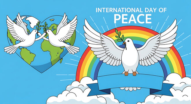 International day of peace doves and rainbow over clouds with earth - Powered by Adobe