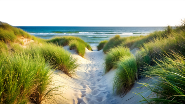 Sandy path through dunes leading to the ocean on a sunny day isolated on transparent background