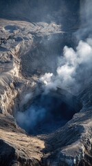 Volcanic crater emitting steam and smoke at dawn